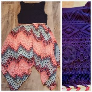 Navy lace with salmon, turquoise, and white print dress.